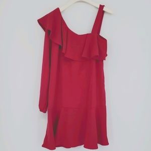 Skies are Blue Dark Rose One Shoulder Long Sleeve Ruffle Mini Dress Medium